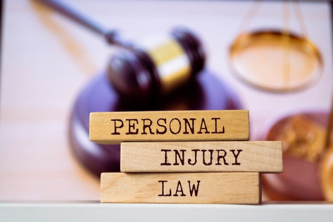 The image features a gavel and scales, symbolizing justice, with wooden blocks in the foreground labeled "PERSONAL INJURY LAW," emphasizing the legal theme.